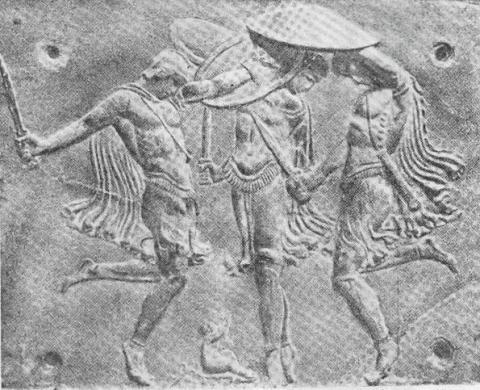 Οι Κουρήτες καλύπτουν με τον χορό τους (πεντοζάλι) το κλάμα του μικρού Δία για να μην τον ανακαλύψει ο Κρόνος.